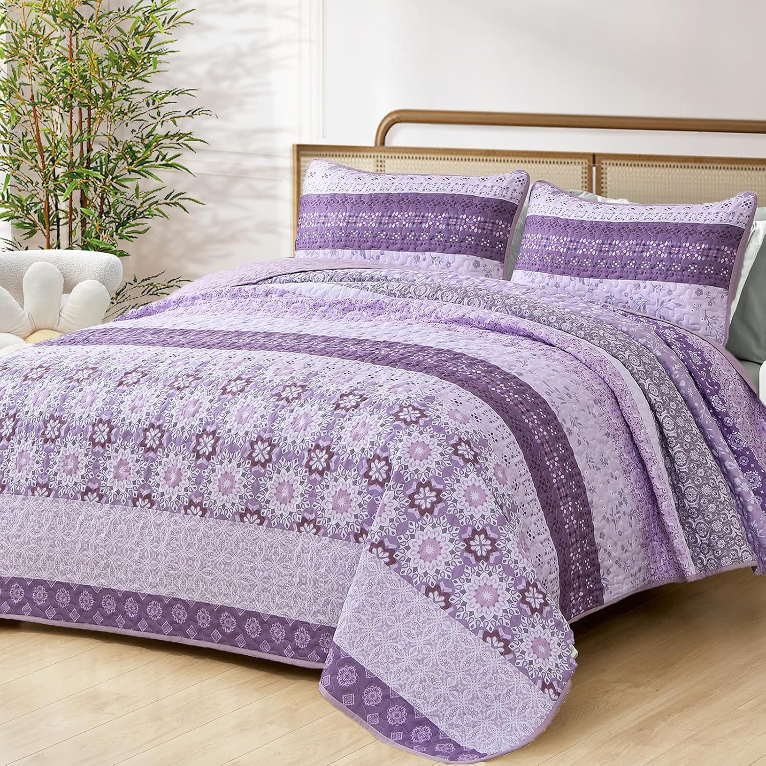 Boho Quilt Set King Size - Purple Floral Patchwork Coverlet