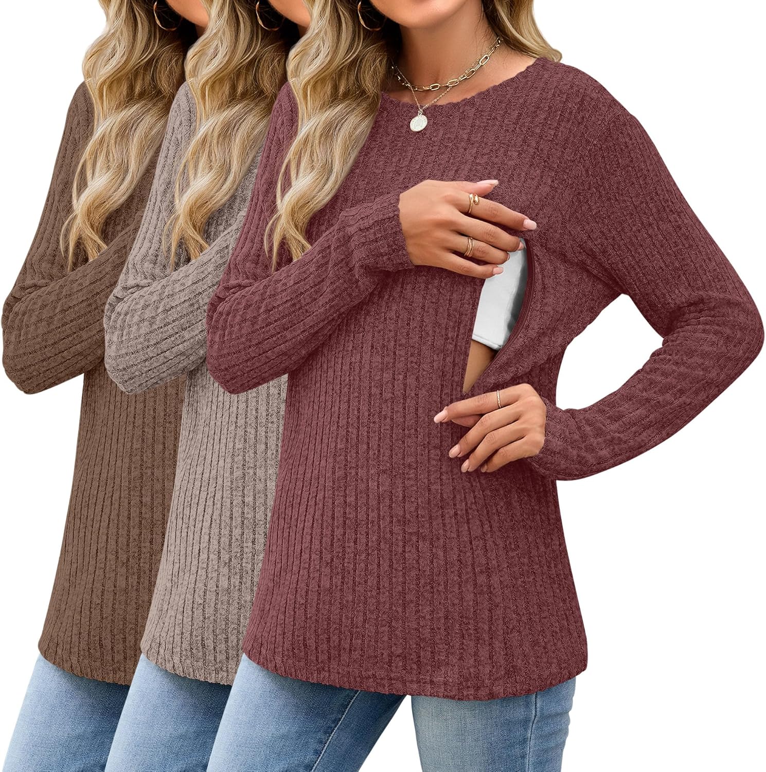 3 Pack Women's Nursing Long Sleeve Tops for Breastfeeding Comfort