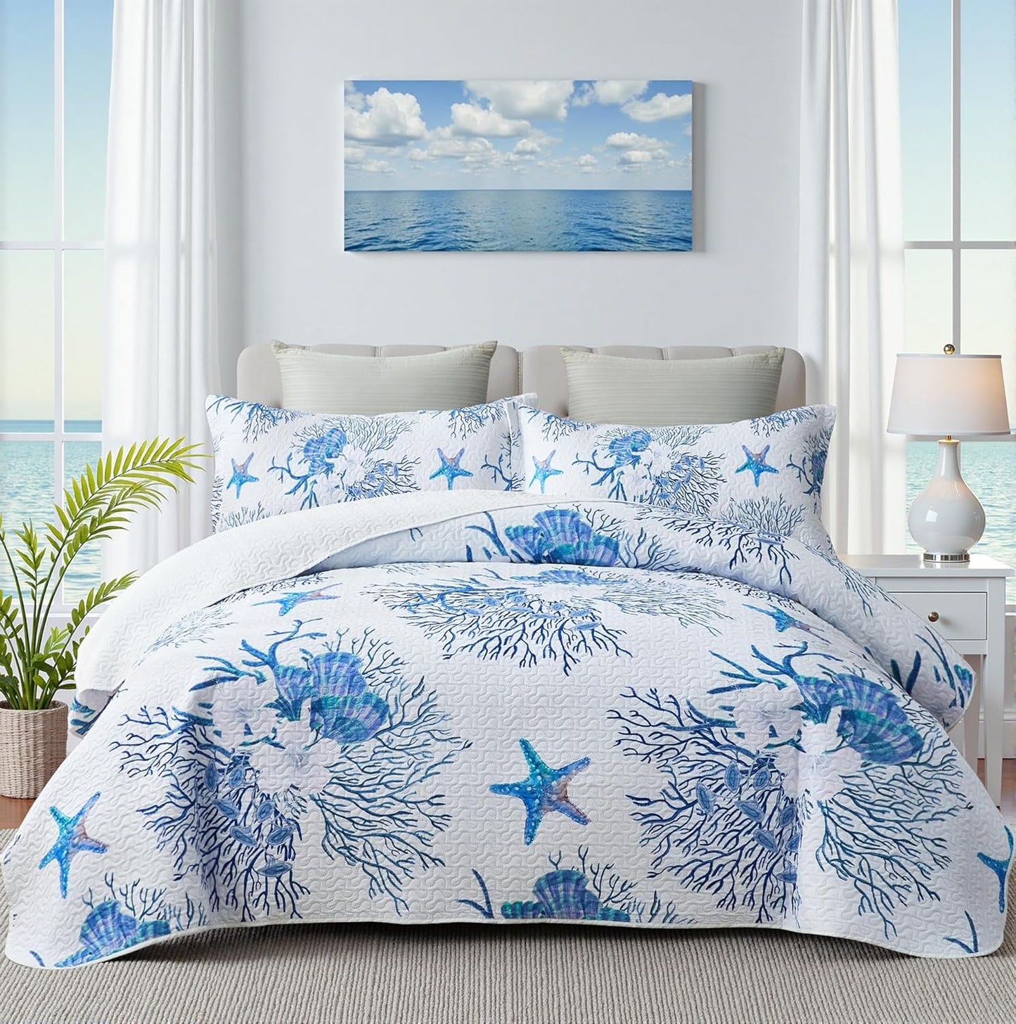Coastal Bedding King Size Quilt Set with Nautical Beach Shams