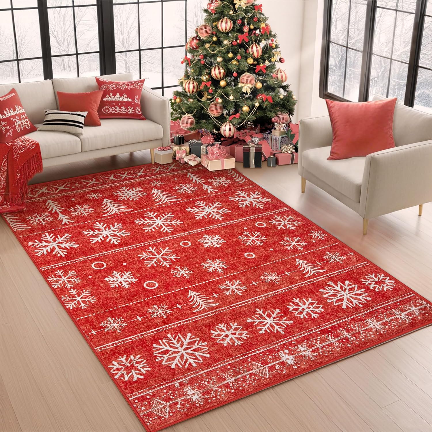 Christmas Area Rug 4x6: Washable Low Pile Holiday Decor