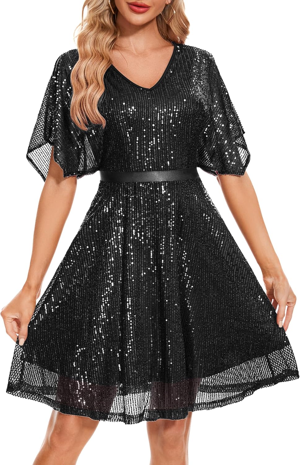 Sparkly Sequin Dress with Bat Sleeves for Glamorous Nights