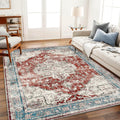 Washable Area Rug 8ft x 10ft Red Blue Retro Boho - Easy Care
