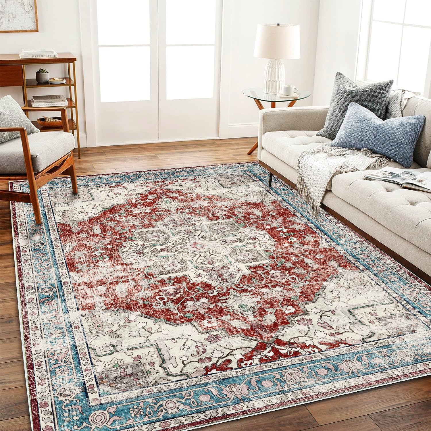 Washable Area Rug 8ftx10ft Red Blue Retro Boho Design for Home