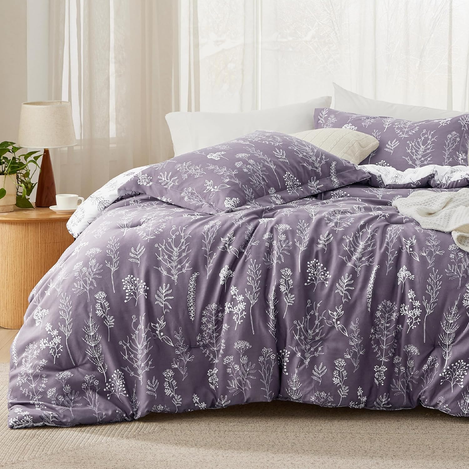 Bedsure Full Comforter Set - Grayish Purple Floral Bedding