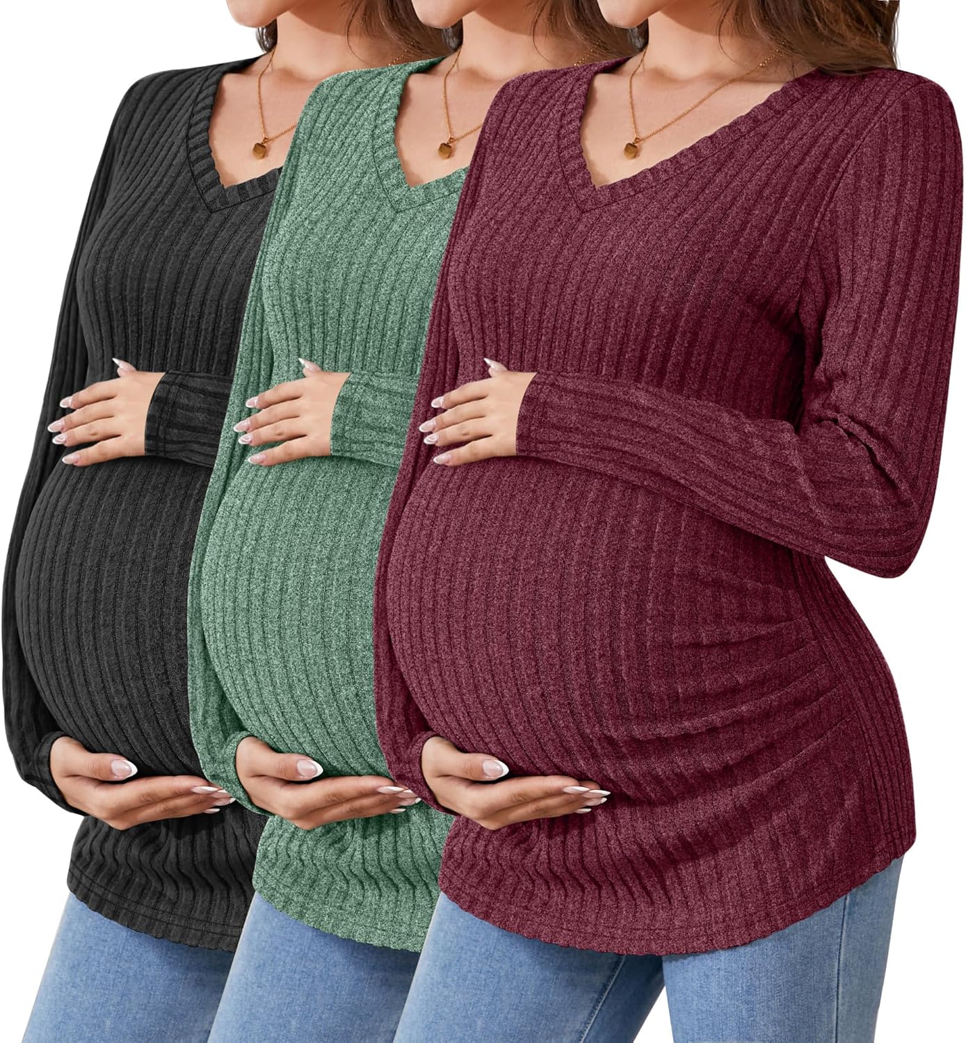 Maternity Shirts for Women - Ribbed Long Sleeve Tops 3 Pack