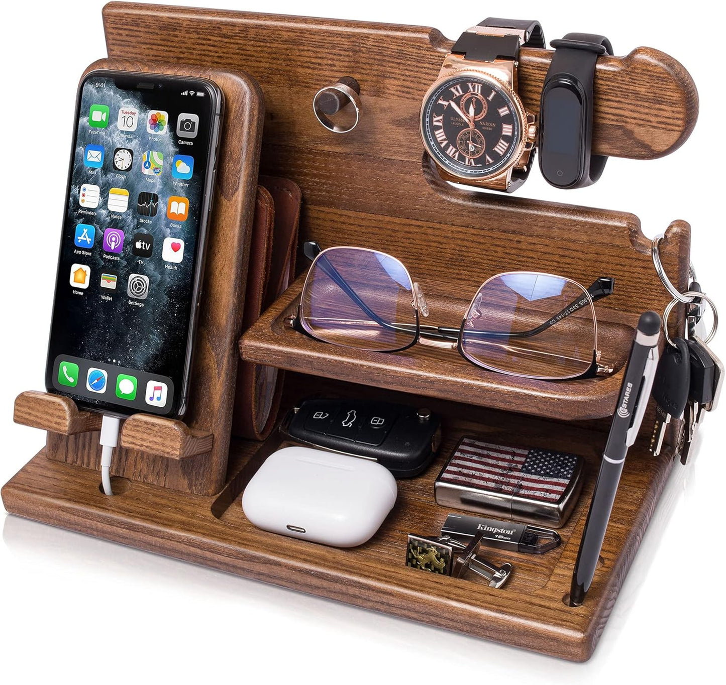 TESLYAR Wood Phone Docking Station - Stylish Organizer for Men