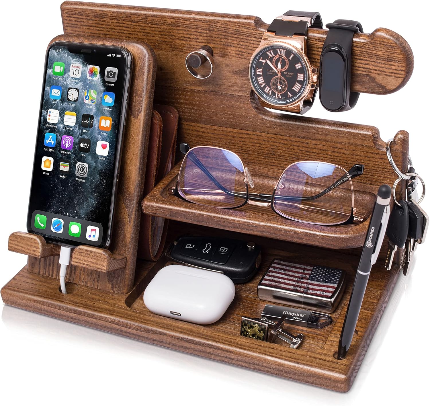TESLYAR Wood Phone Docking Station - Stylish Organizer for Men