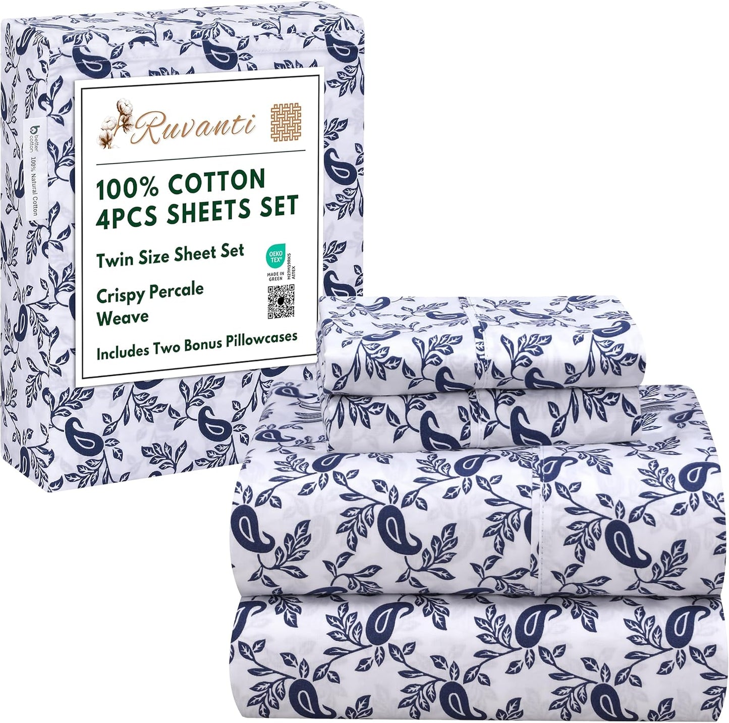 RUVANTI 4 Pcs Cotton Sheets Set - Soft, Breathable & Durable