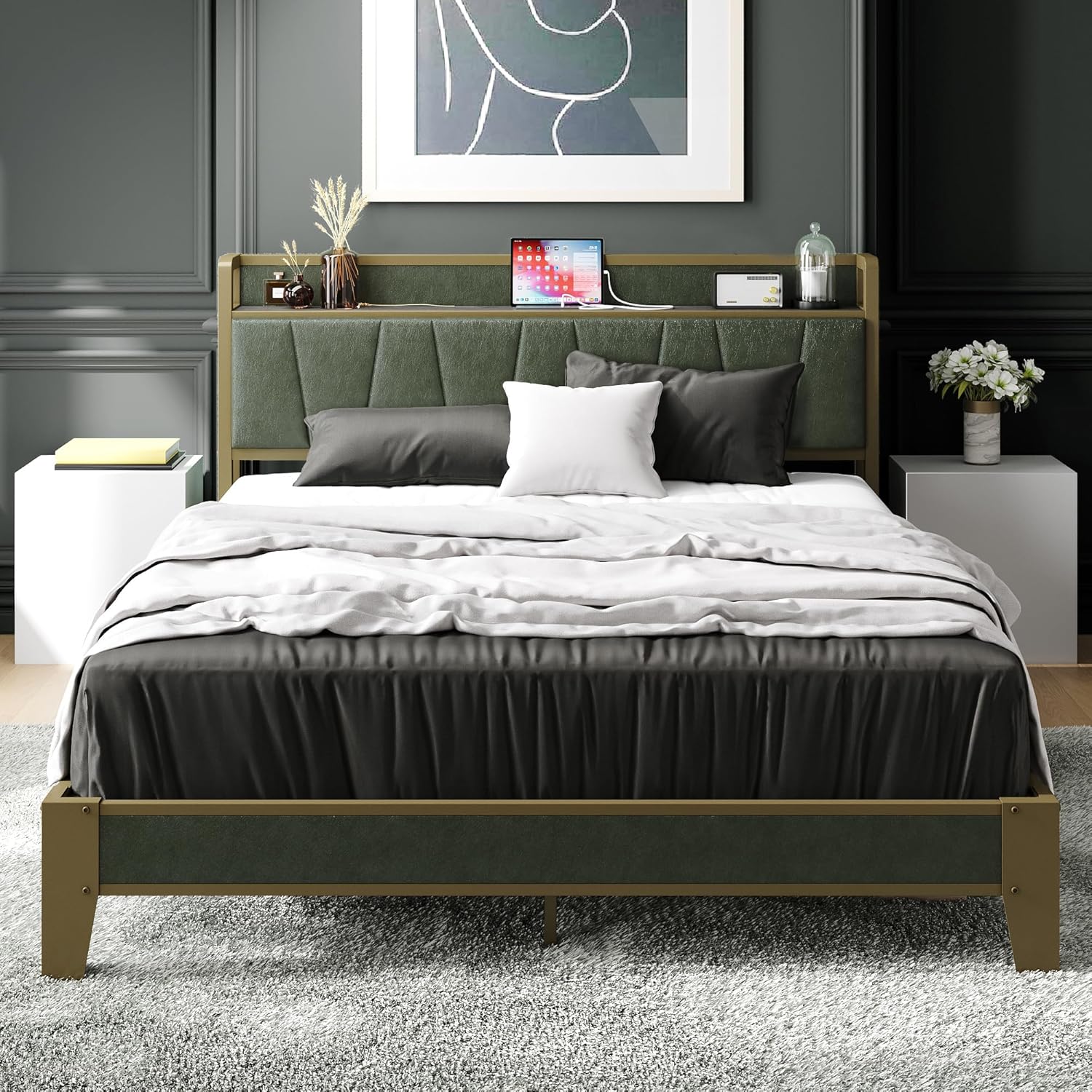 LIKIMIO Queen Bed Frame with Storage Headboard and Charging Station