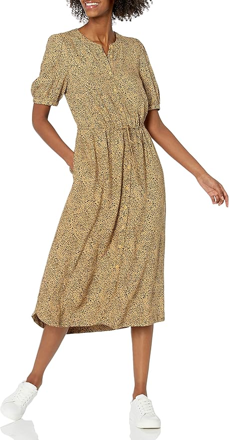 Relaxed Fit Half-Sleeve Waisted Midi A-Line Dress for Women
