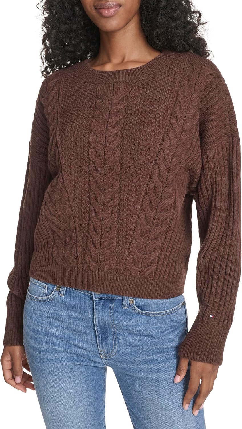 Tommy Hilfiger Womens Solid Cable Crewneck Pullover Sweater