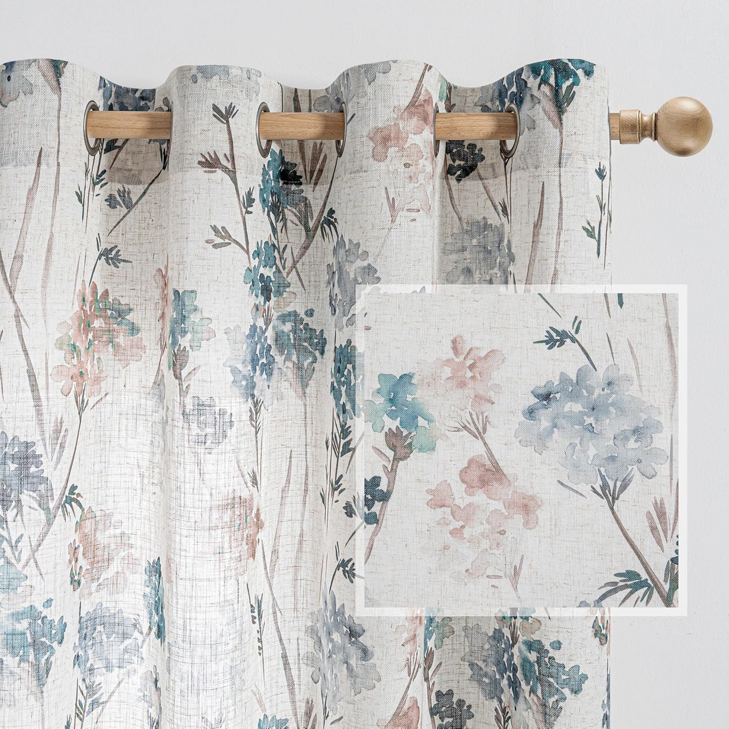 MYSKY HOME Floral Curtains for Living Room - Semi Sheer Drapes