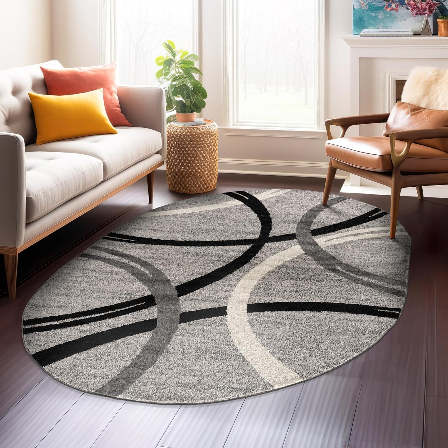 Wavy Circles Design Oval Rug for Living Room and Bedroom
