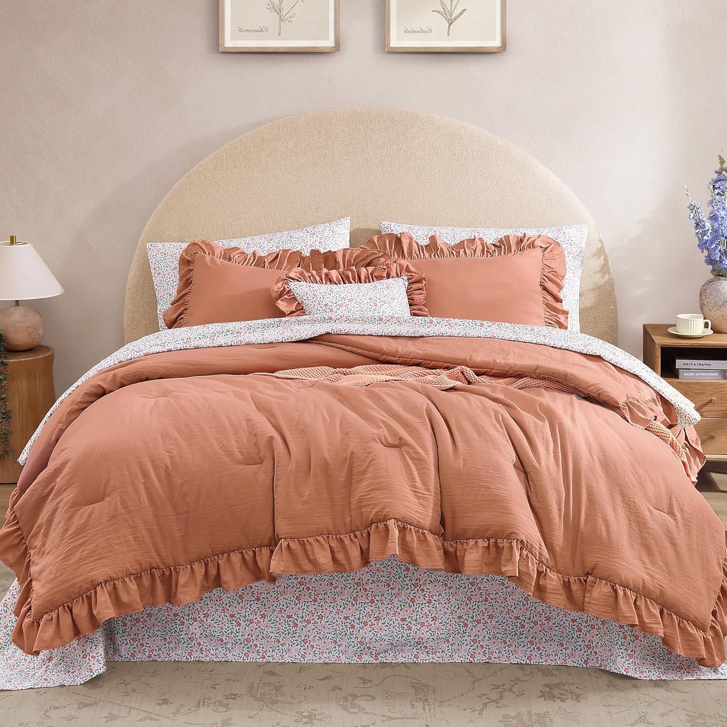 Full Comforter Set - 7 Pieces Ruffle Autumn Leaf Bedding