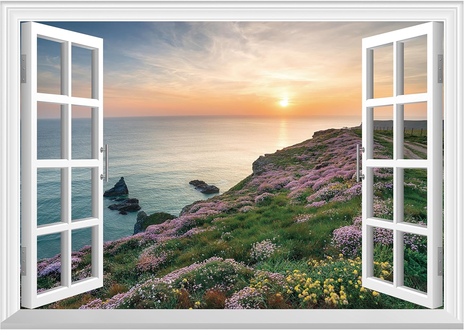FLFK Fake Window Wall Mural - Sunset Over The Sea Decor