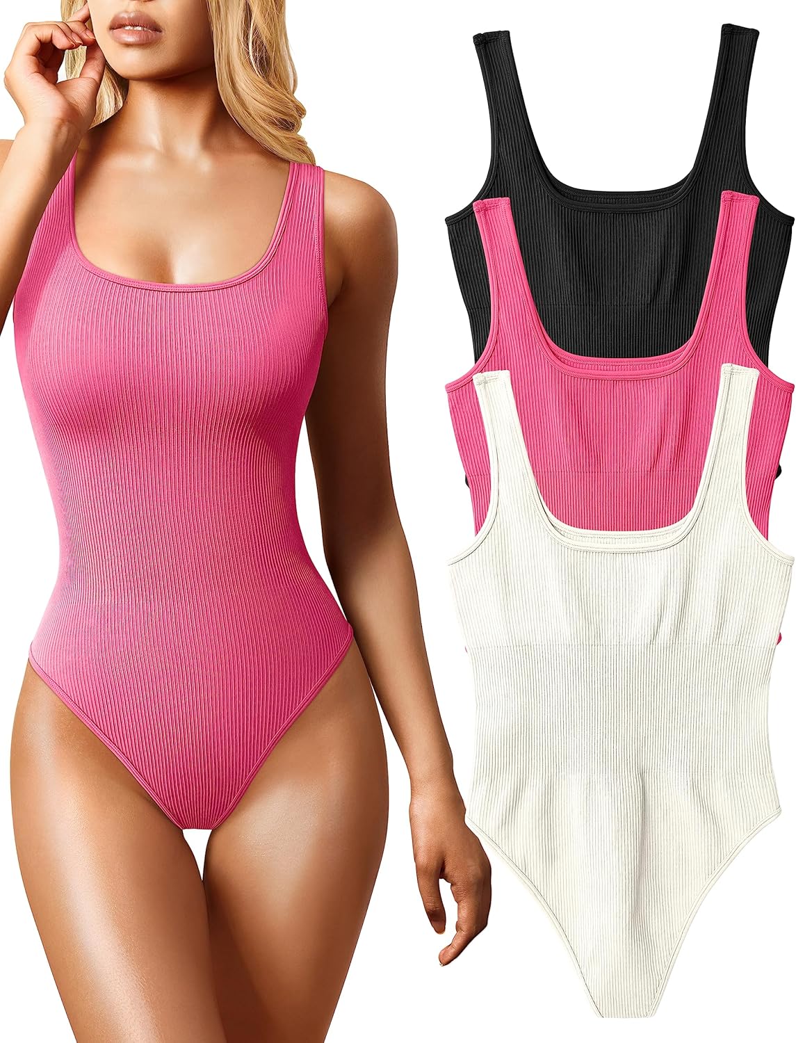 OQQ Women's 3 Piece Bodysuits Sexy Ribbed Sleeveless Tops