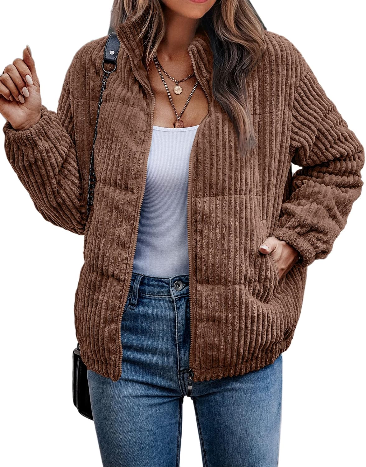 Angashion Women's Bomber Jacket - Cozy Quilted Zip Up Coat