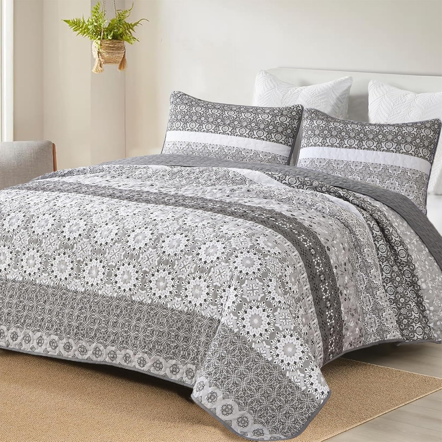 Grey Boho Quilt Set King - Lightweight Microfiber Bedding Set