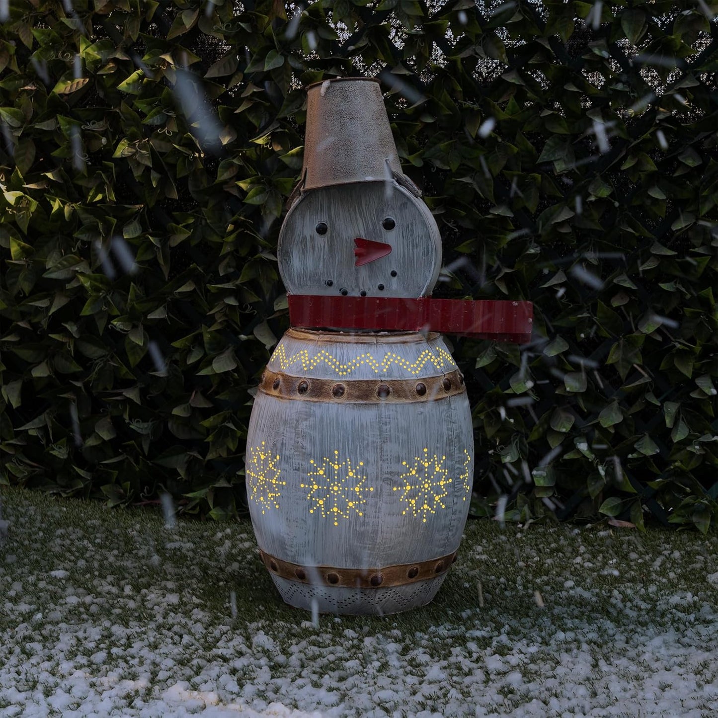 30in Tall Indoor/Outdoor Metal Barrel Snowman Holiday Decor