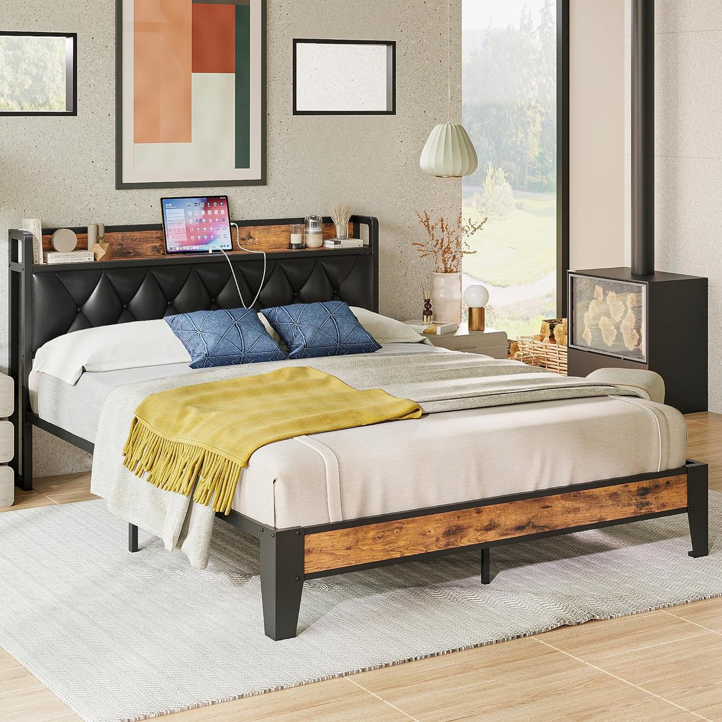ANTCOR Full Bed Frame with Storage Headboard and Outlets