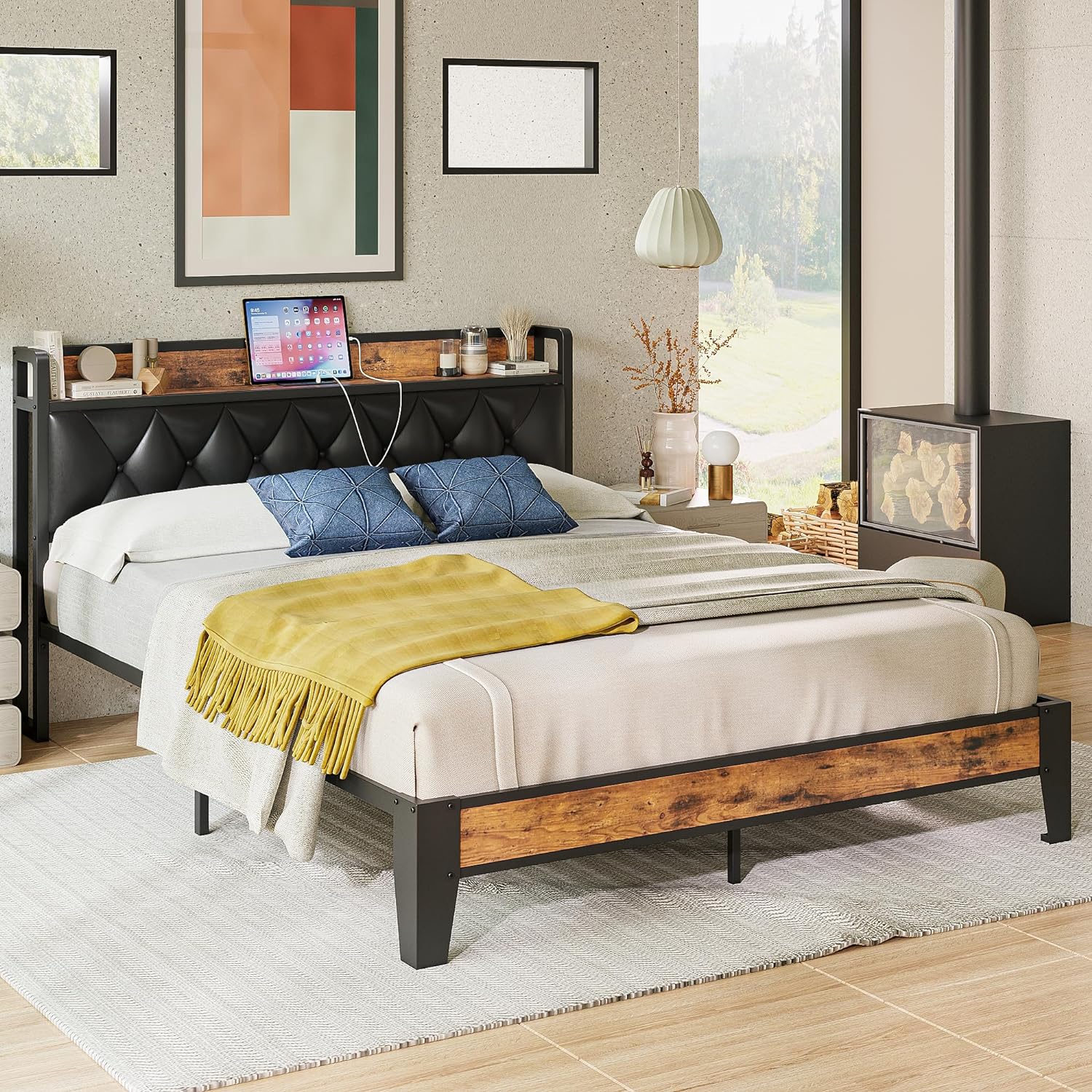ANTCOR Full Bed Frame with Storage Headboard and Outlets