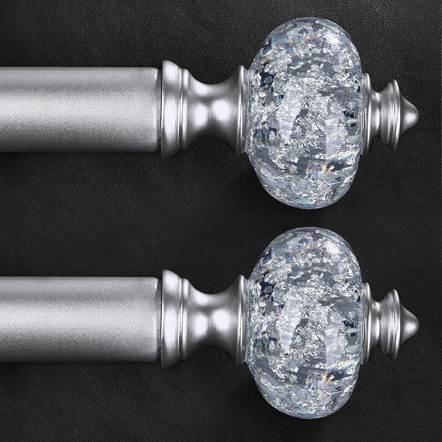 2 Pack Silver Curtain Rods with Crystal Finials for Windows