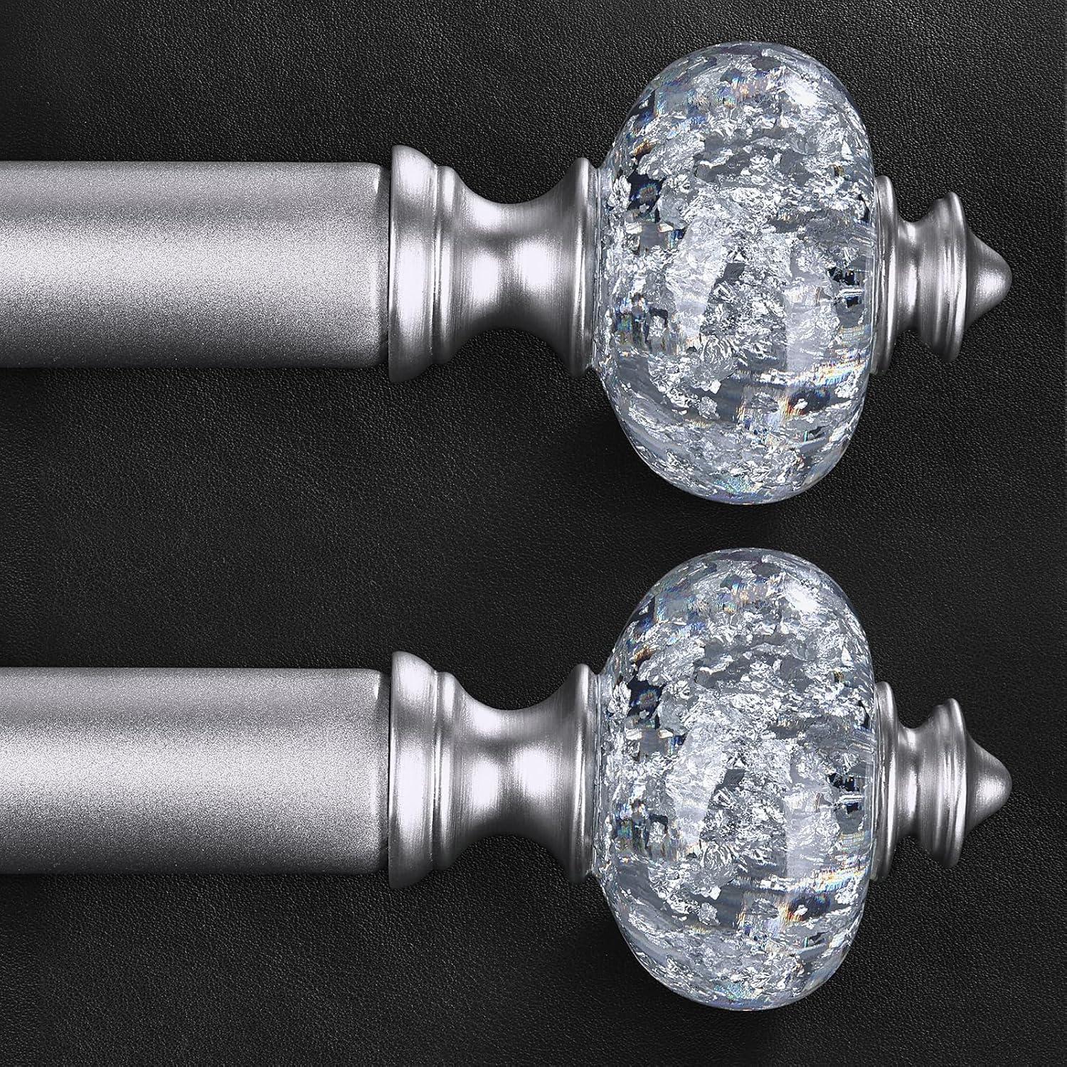 2 Pack Silver Curtain Rods with Crystal Finials for Windows