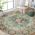 Green Round Rug 6ft - Washable Boho Floral Area Rug for Living Room