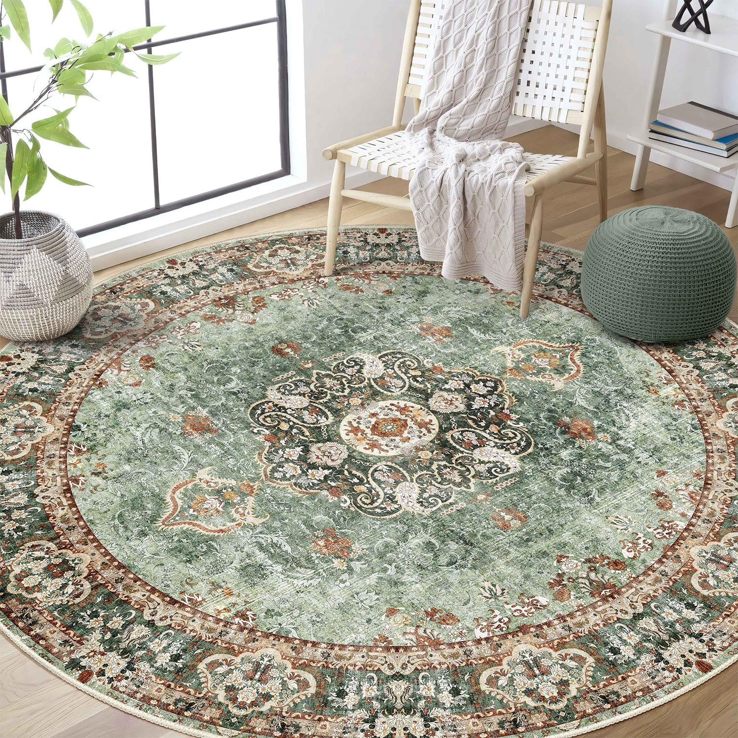 Green Round Rug 6ft for Bedroom Living Room Dining Room Use