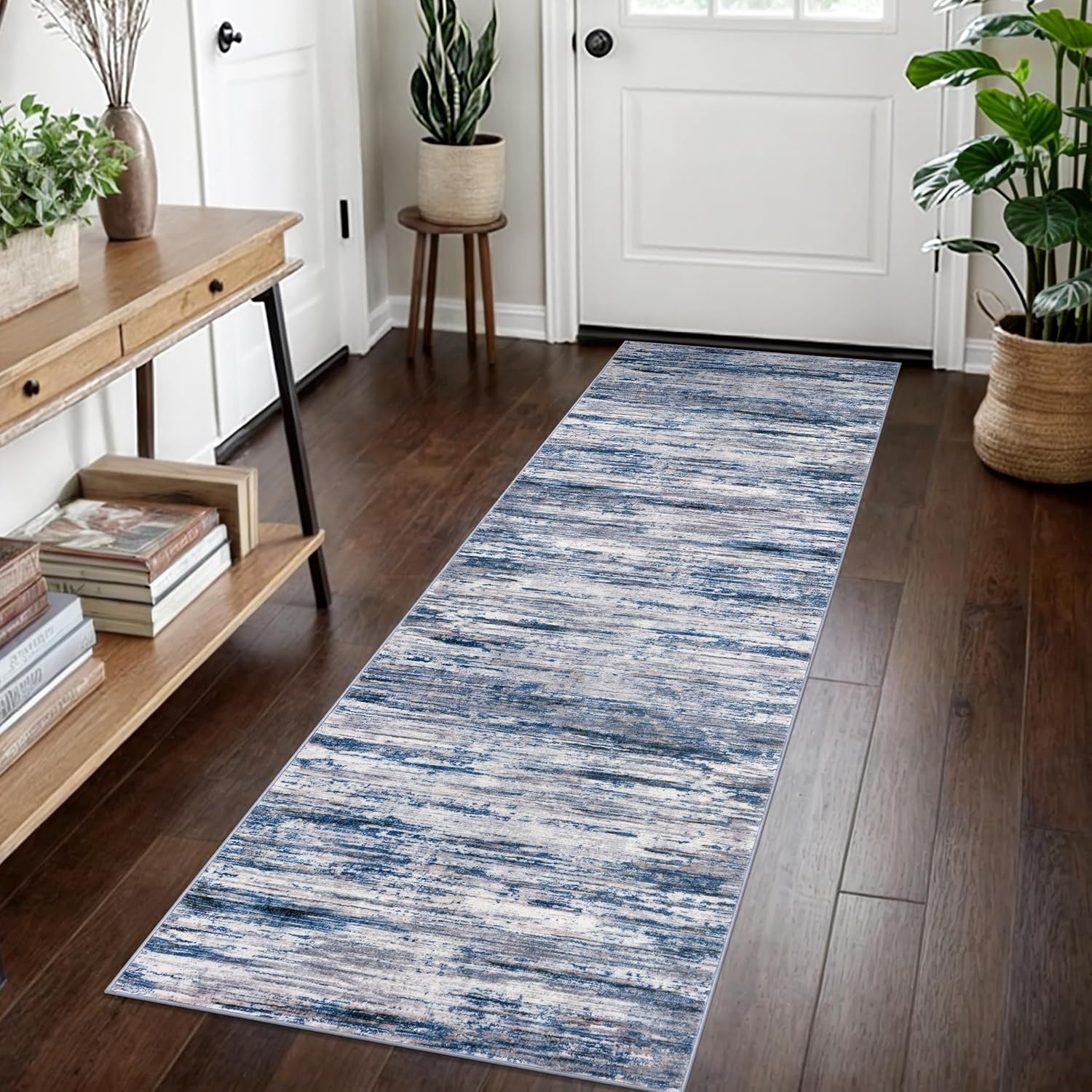 2x7 Navy Blue Gray Multi Modern Abstract Runner Rug for Hallways