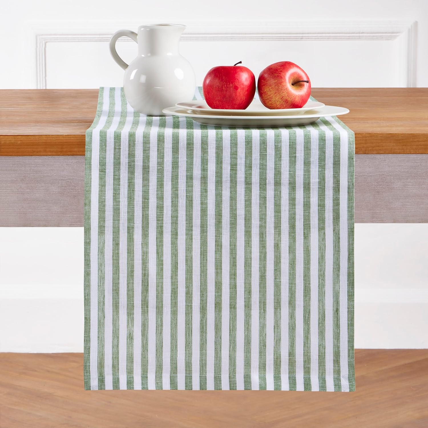 Elegant 100% Pure Linen Green and White Table Runner for Dining