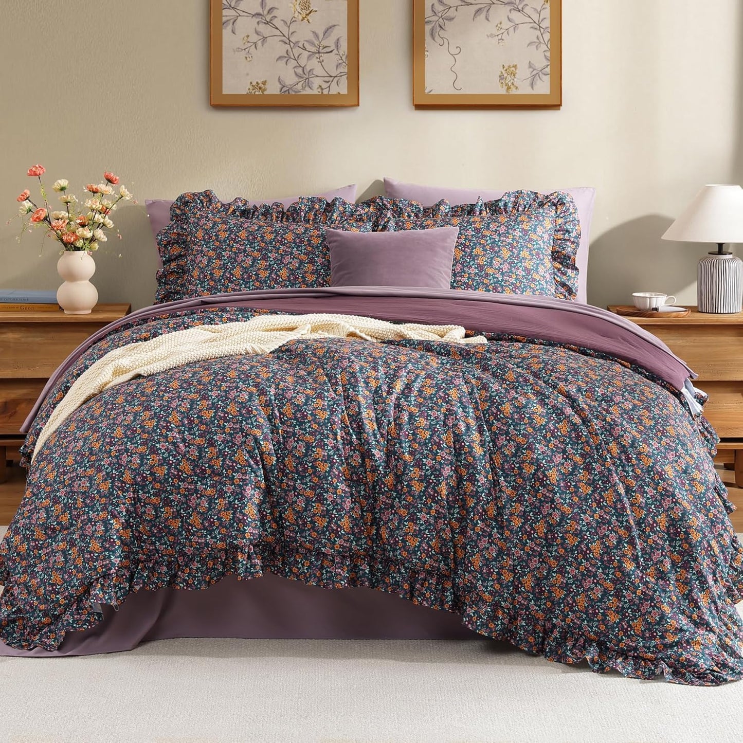 Queen Comforter Set - 7 Pieces Ruffle Deep Forest Bedding