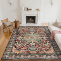 Boho Vintage Area Rug 8x10 Rust & Teal - Machine Washable Accent Rug