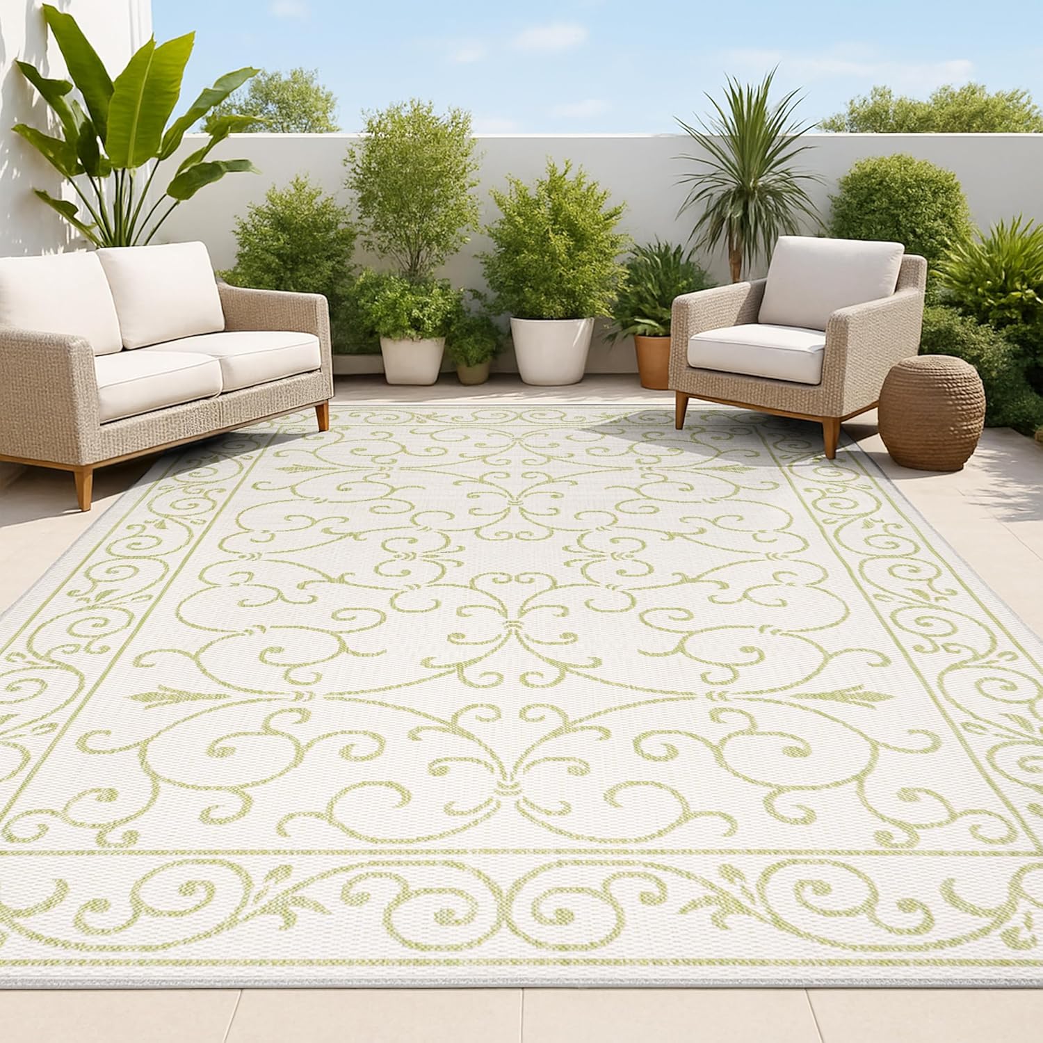 Vintage Filigree Indoor Outdoor Area Rug 9X12 for High Traffic
