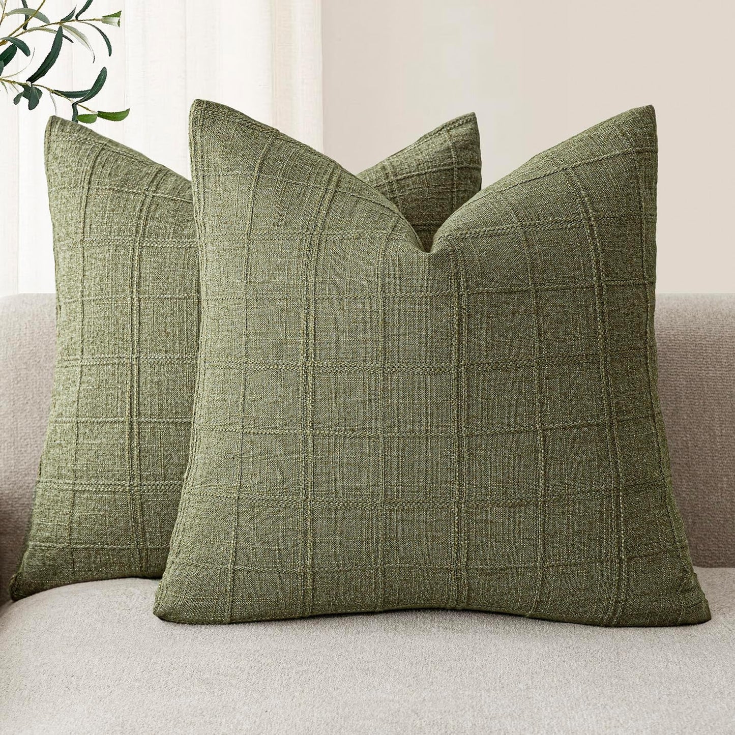 Foindtower Decorative Linen Check Throw Pillow Covers Set of 2