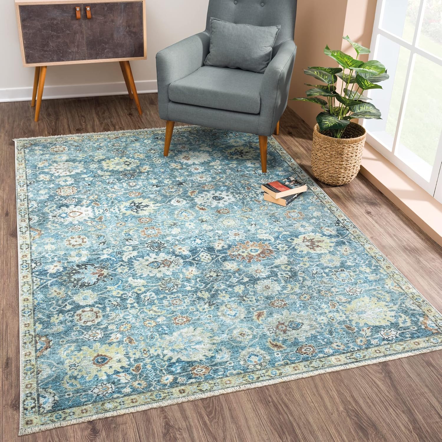 Caria Washable Non-Slip 6x9 Rug - Blue/Beige Traditional Design
