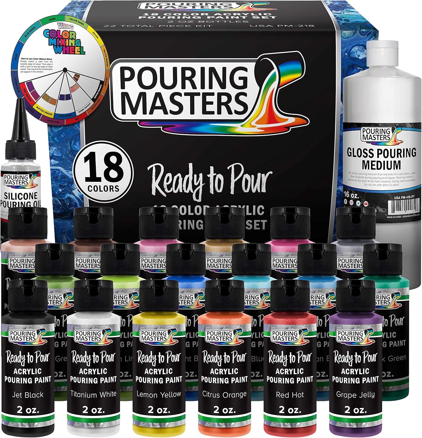 Pouring Masters 18 Color Metallic Acrylic Paint Set for Art