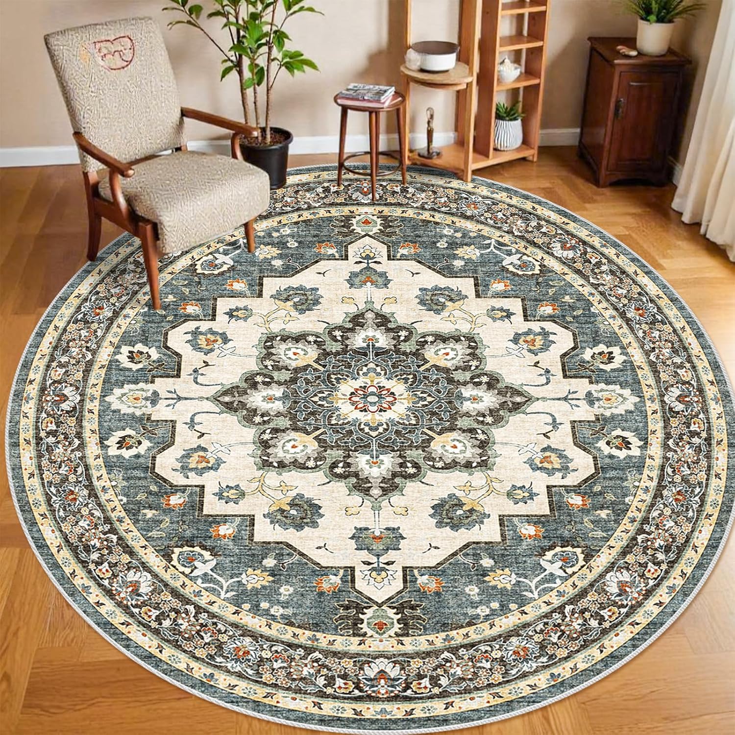 Washable Oriental Area Rug - 9ft Round Soft Carpet for Home