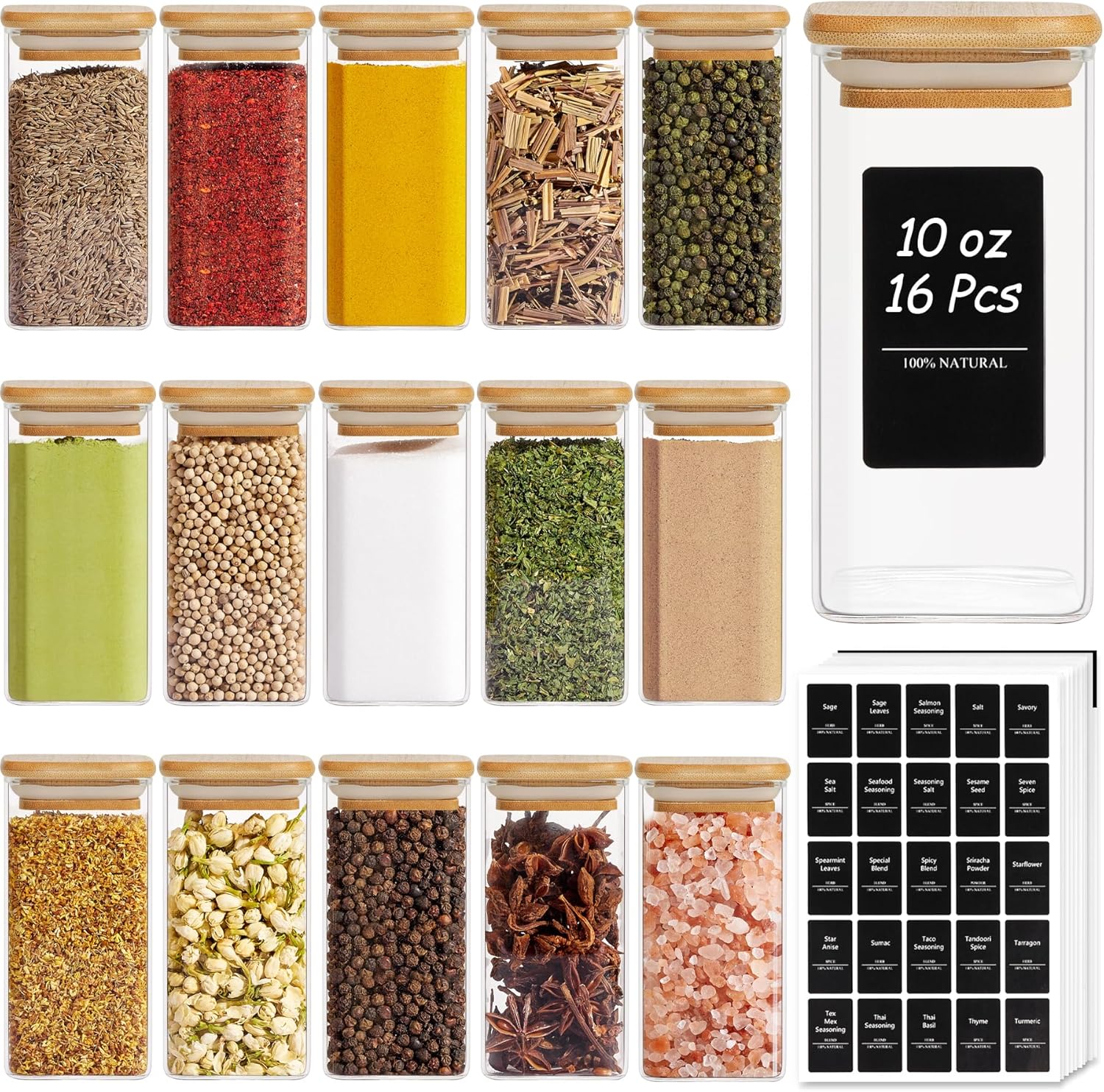 16Pcs Glass Spice Jars with Bamboo Lid for Organized Storage