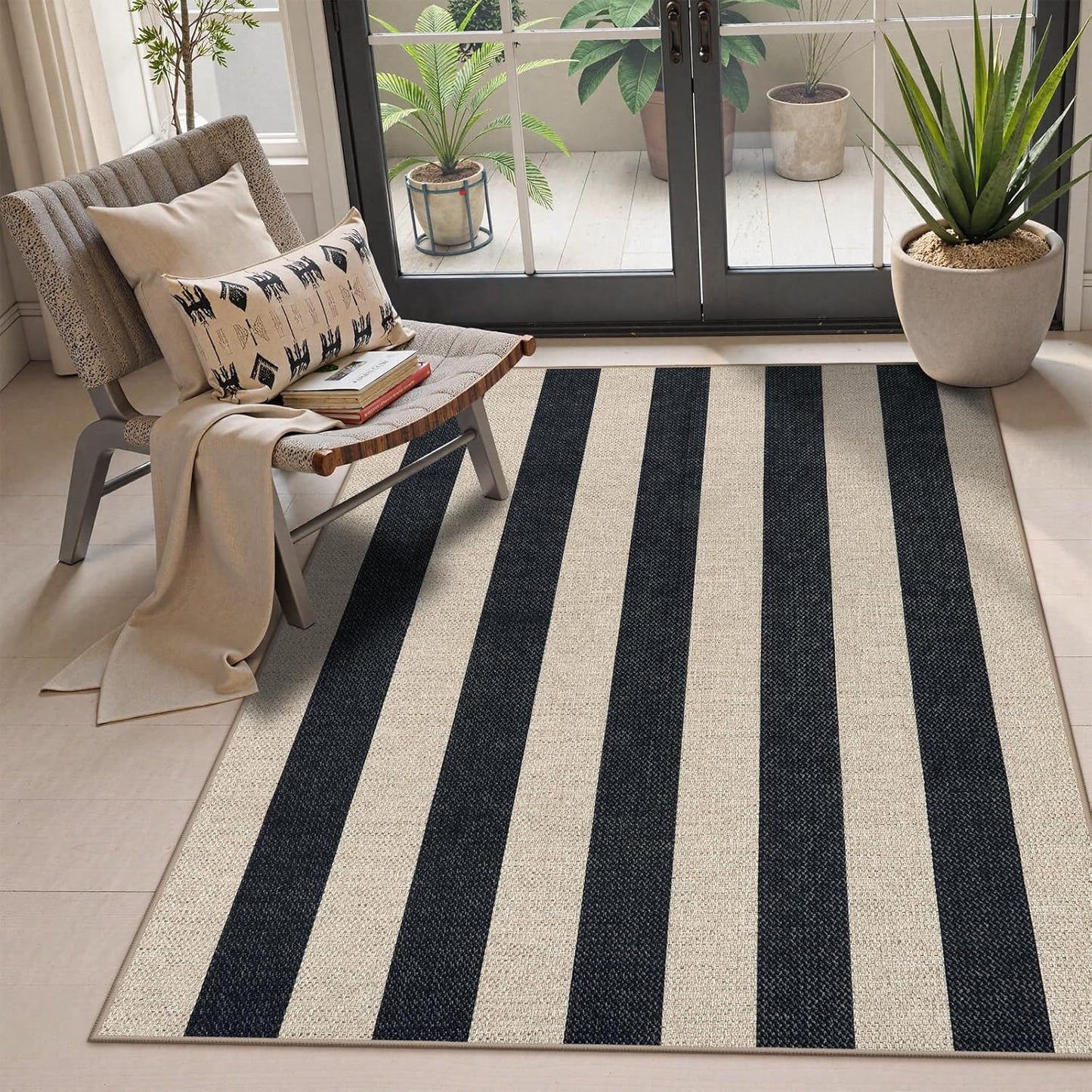 Lahome Striped Easy Jute Outdoor Patio Rug for Entryway Use