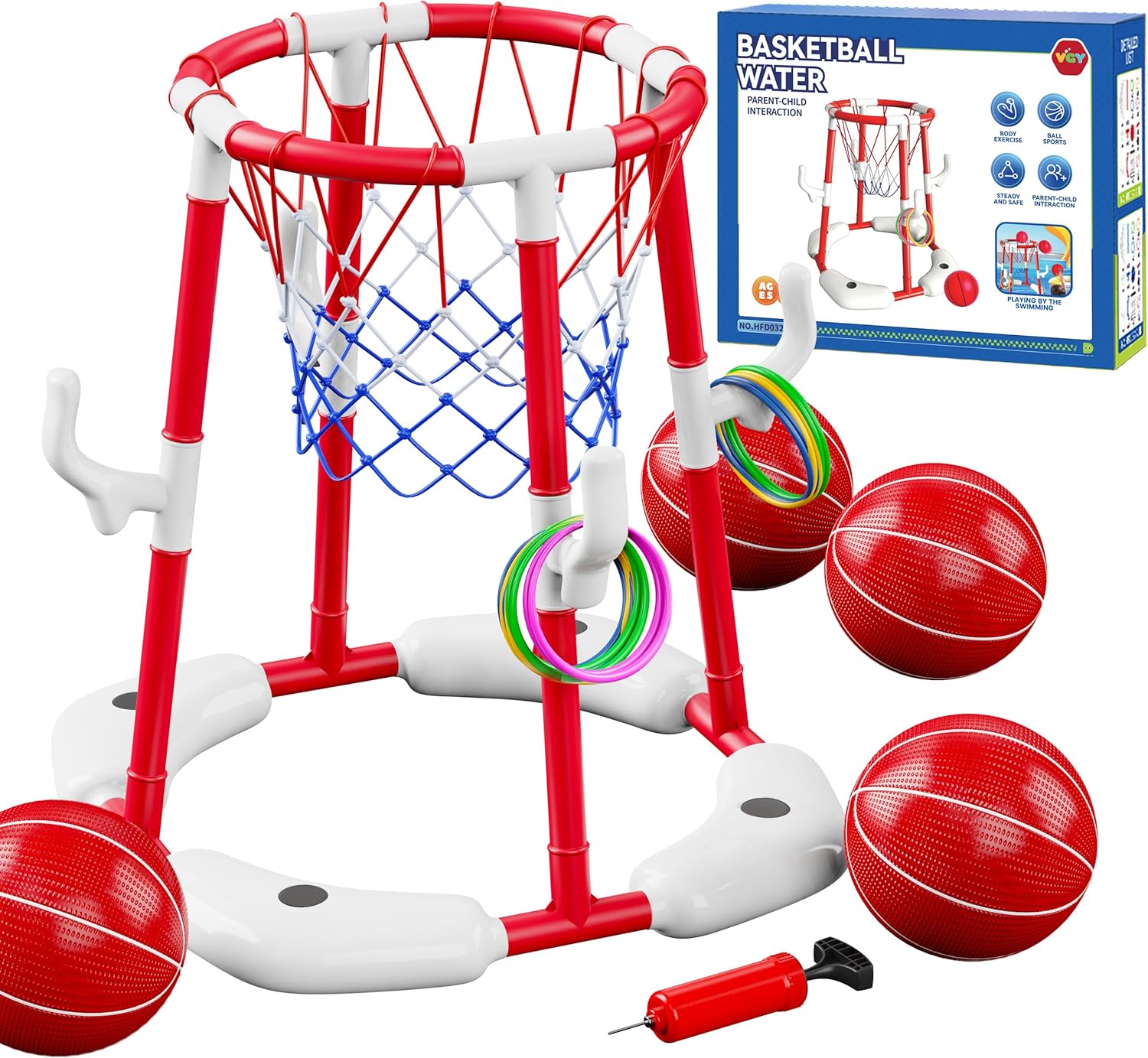 Pool Basketball Hoop 2-in-1 Set with 4 Balls & 12 Rings