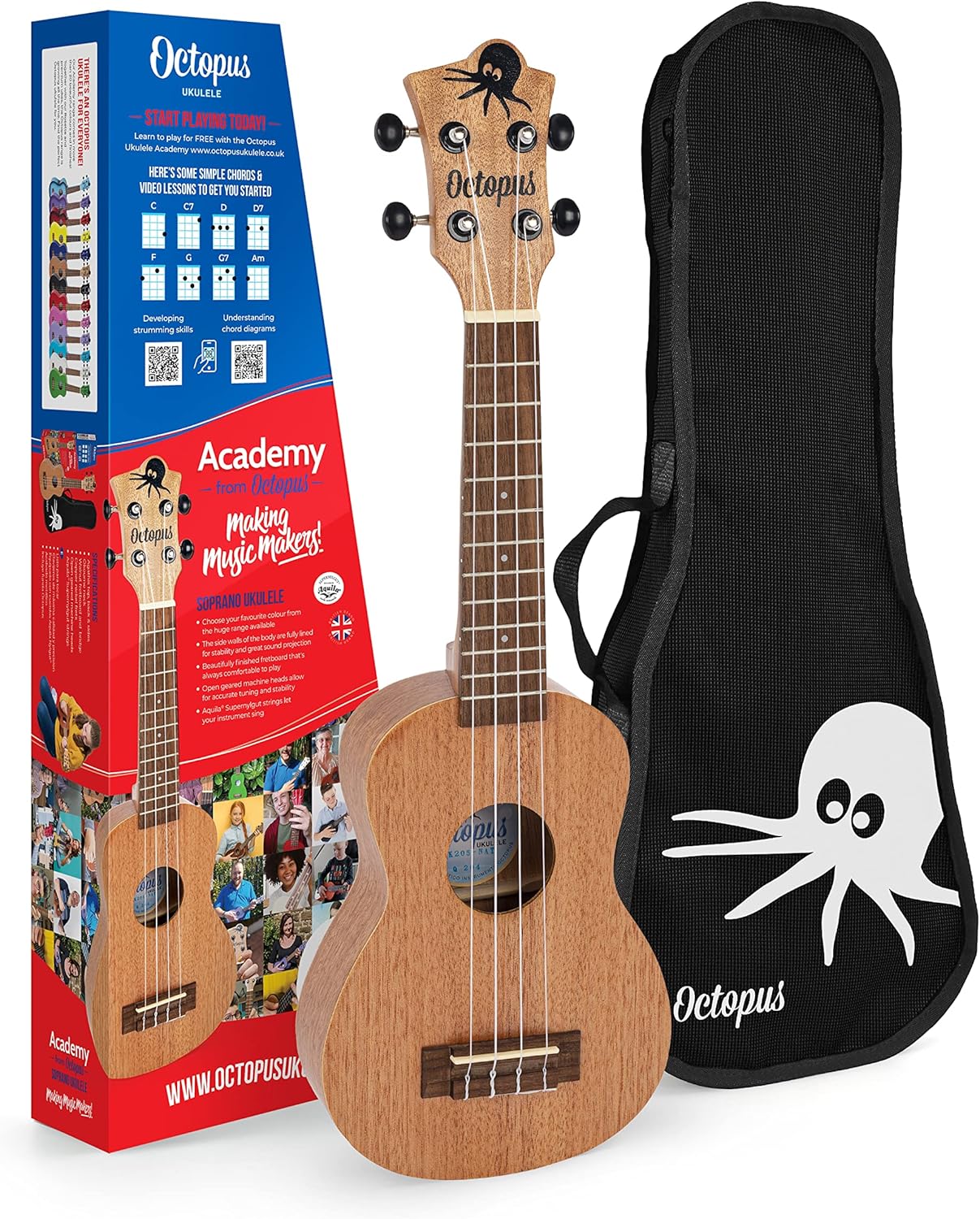 Octopus Soprano Ukulele Natural Full Model with Gig Bag