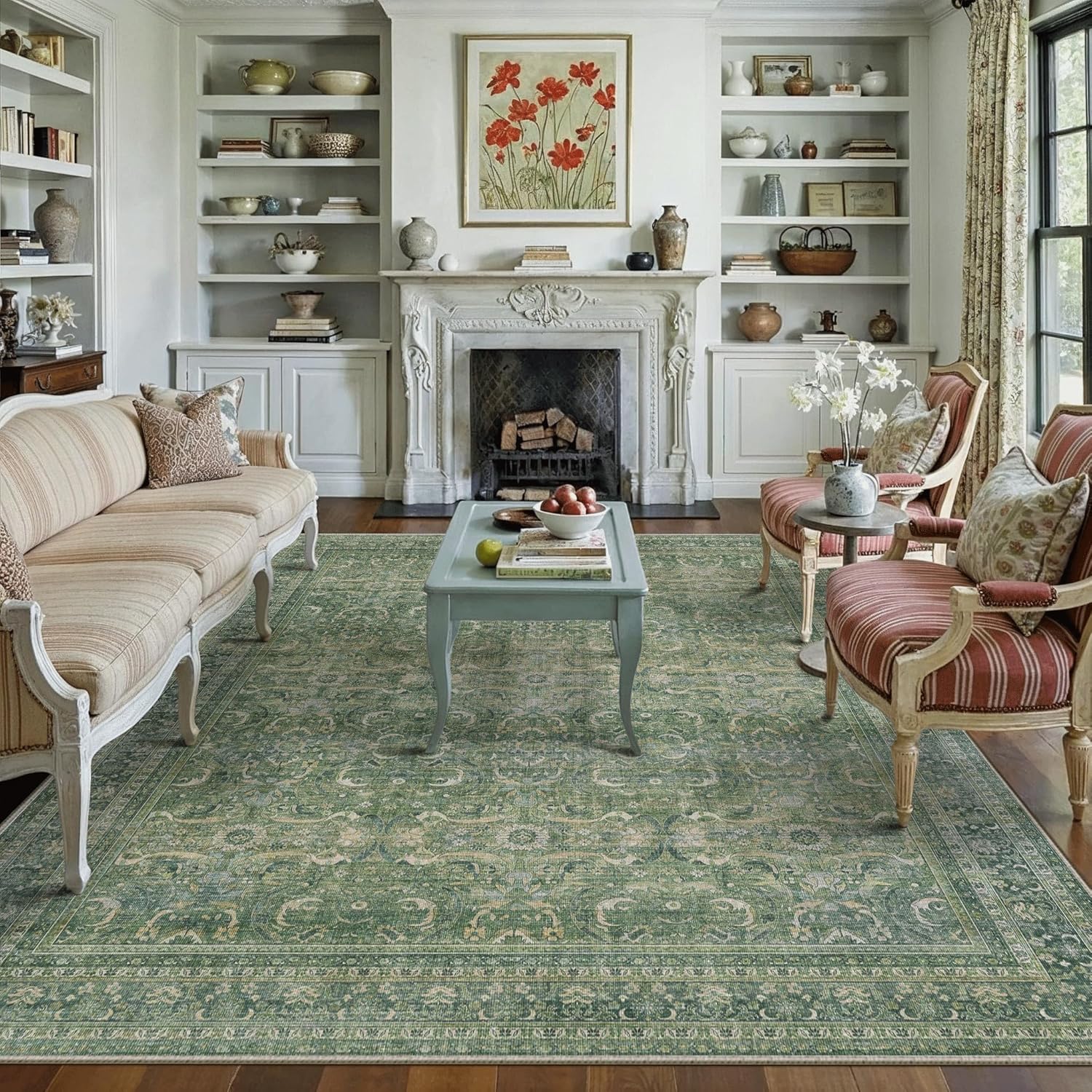 Vintage Green Area Rug 8x10 for Living Room and Bedroom