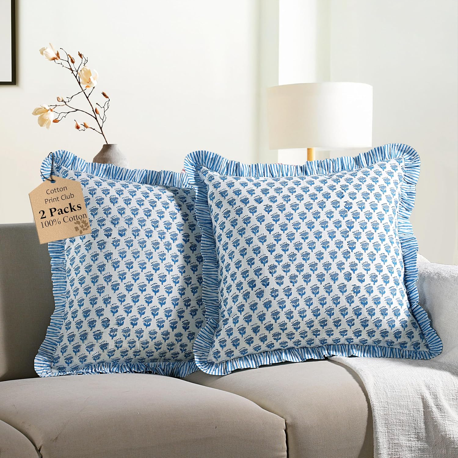 CPC Apatite Blue Cotton Block Print Ruffle Pillow Cover 16X16