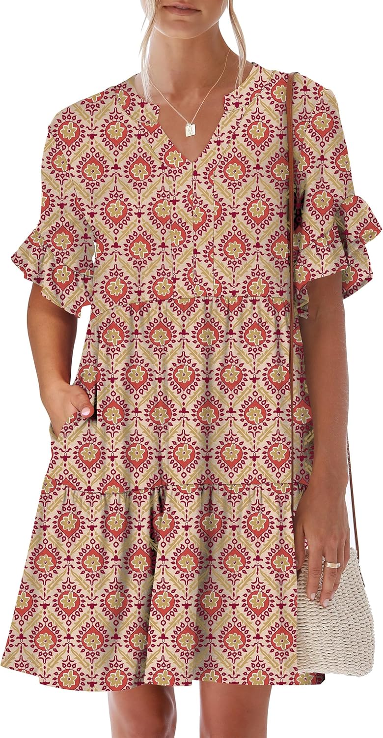 Trendy Ruffle Short Sleeve V Neck A Line Mini Beach Dress