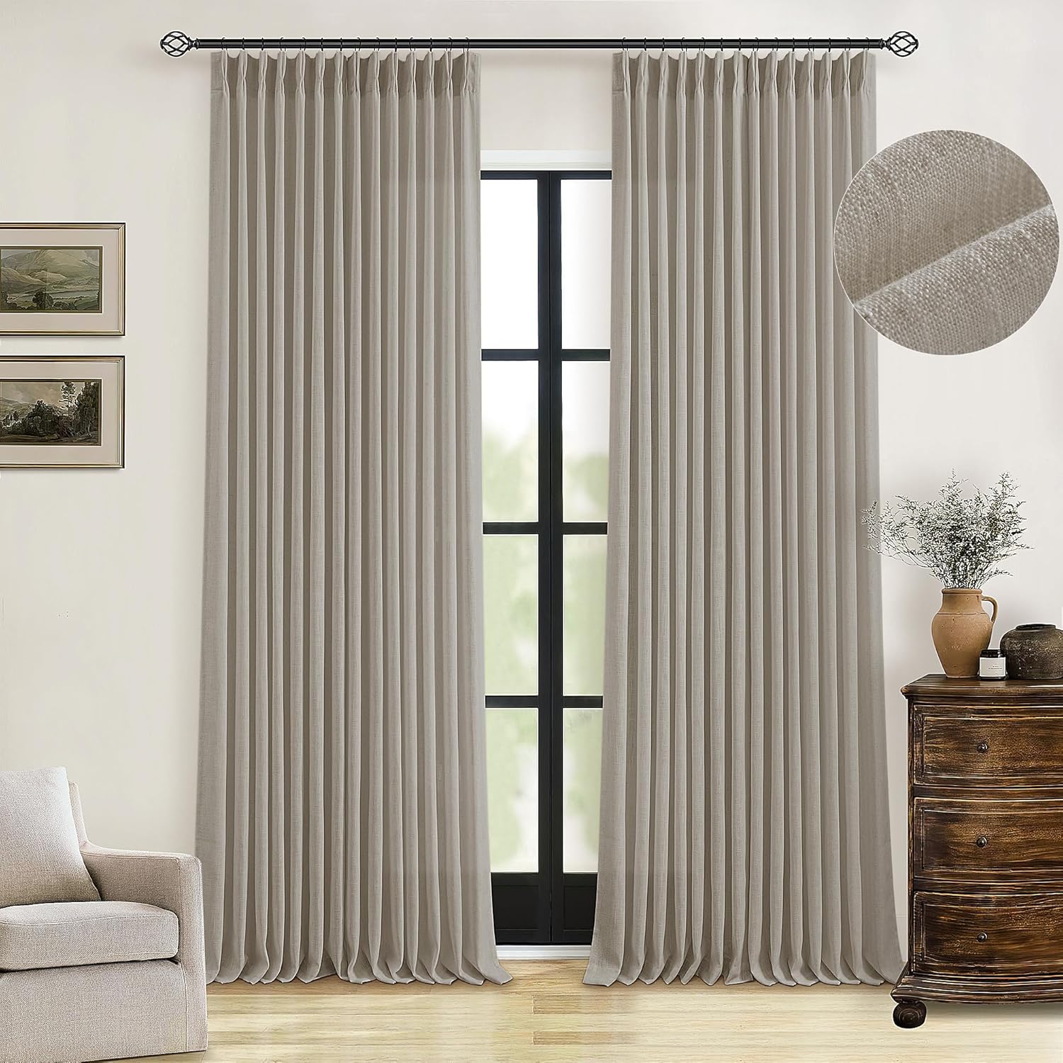 Taupe Burlywood Pinch Pleated Linen Curtains by TWODRAPES