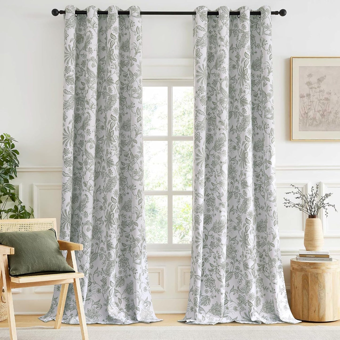 NICETOWN 100% Blackout Sage Green Floral Curtains for Home
