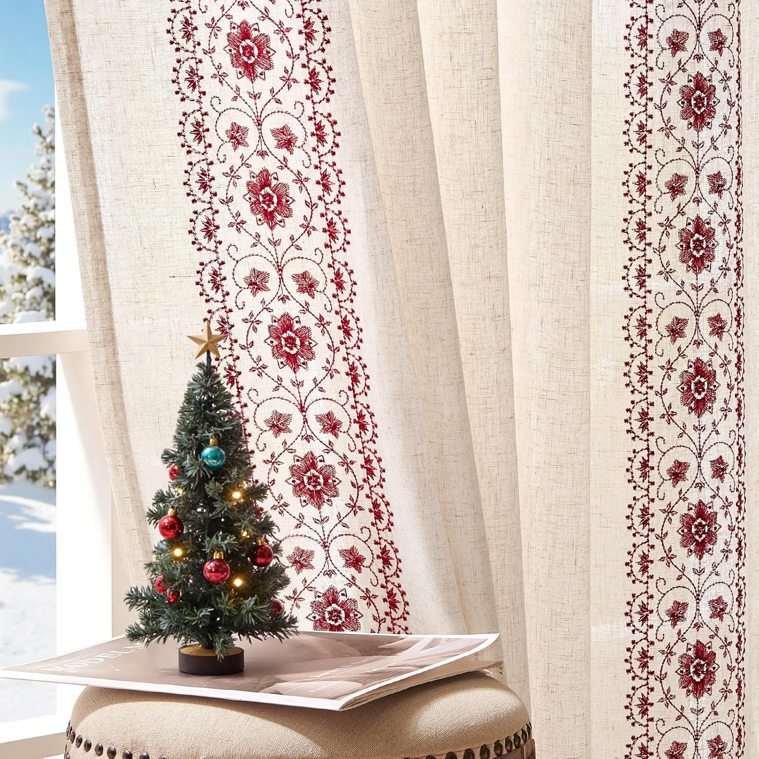 jinchan Christmas Curtains for Bedroom Red Vintage Floral Drapes