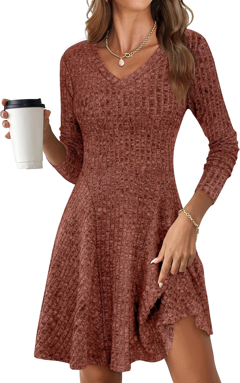 ANRABESS Women Long Sleeve Ribbed Knit Short Dress for Fall