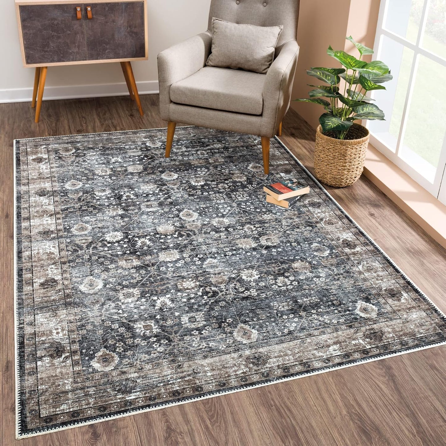 Washable Non-Slip 8ft x 10ft Rug - Black/Brown Traditional Style